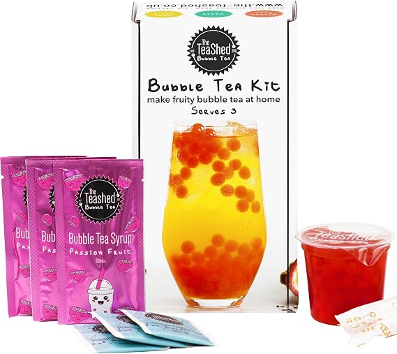 Fruit Bubble Tea Kit Gift Box | 3 Servings | Set includes Passion Fruit Syrup, Strawberry Popping Boba, Tea Bags and Paper Straws | By THE TEASHED