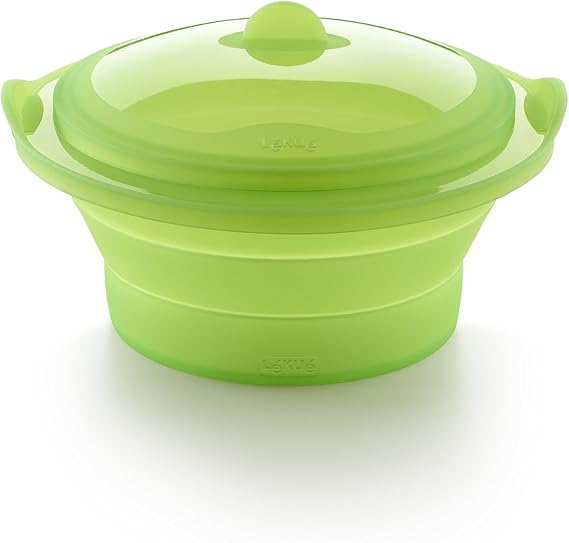 Lekue Collapsible Steamer, 2.5 Quart - Foldable Steamer Basket with Insulating Handles, Non-Stick & Dishwasher Safe - Compact, Space-Saving Design for Microwave, Oven, Freezer Use