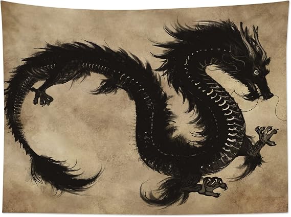 LB Dragon Tapestry Wall Hanging Bohemian Psychedelic Black Dragon Tapestries Vintage Beige Wall Tapestry for Bedroom Living Room Dorm Party Wall Decor,60Wx40H inches