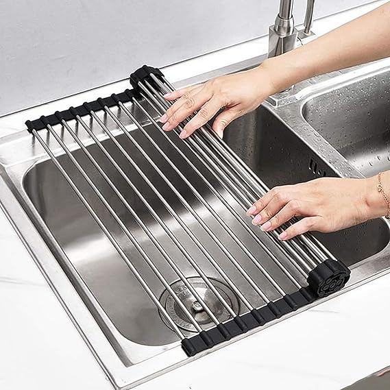Roll up Dish Drying Rack over the Sink Drying Rack silicone kitchenware folding draining dish rack SUS304 stainless steel 17.7inx13.8in (black)