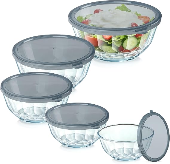ENVTEK 5Piece Glass Mixing Bowls Set with Airtight Lids, Gray
