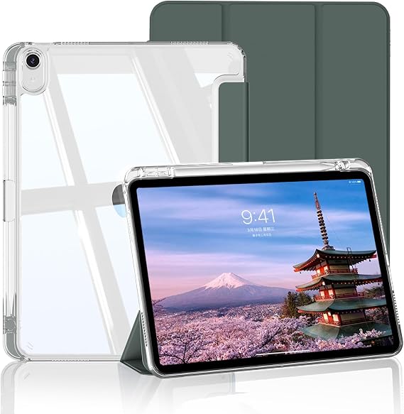 Case for iPad (A16) 11 Generation 11 Inch (2025)/iPad 10 Generation 10.9 Inch (2022) Case with Pencil Holder Clear Hard Back Case Auto Sleep/Wake Dark Green