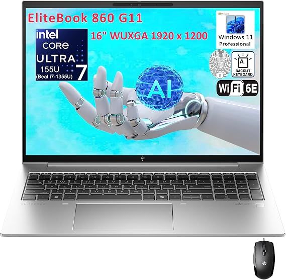 HP EliteBook 860 G11 16" FHD+ Business Laptop Computer, Intel Ultra 7 155U (Beat i7-1355U), 64GB DDR5 RAM, 4TB PCIe SSD, WiFi 6E, BT 5.3, Backlit Keyboard, Fingerprint Reader, Windows 11 Pro, AZ-XUT