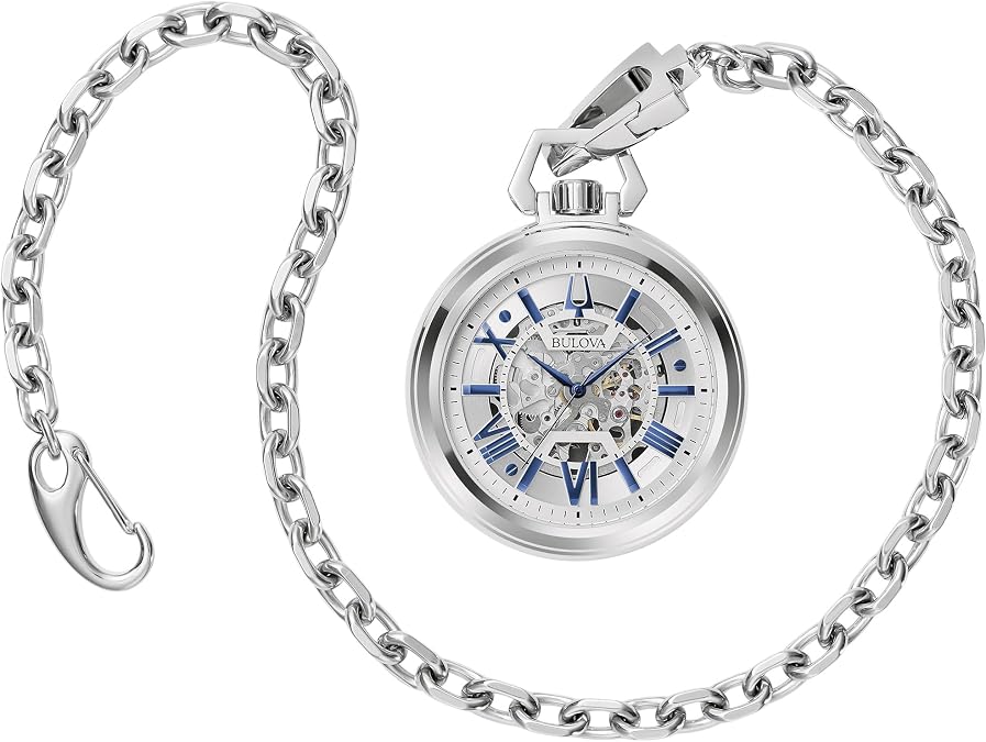 Bulova Men's Classic Sutton Automatic Pocket Watch, 3-Hand Stainless Steel Dial with Detachable Chain, Style:96A304