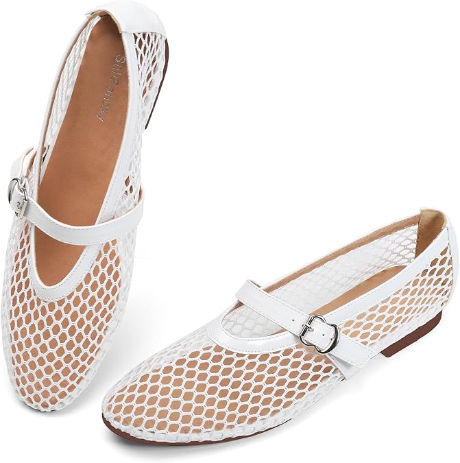 Mesh Ballet Flats for Women Adjustable Strap Mary Jane Flats Casual Office Shoes