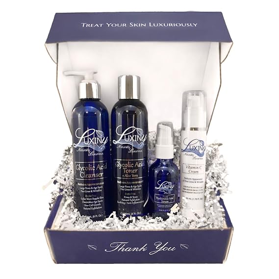 Luxiny Anti-Aging Skin Care Set for Women & Men 4-Piece Kit with 10% Glycolic Acid Cleanser, Glycolic Acid Toner, Hyaluronic Acid Serum, and Vitamin C Moisturizer
