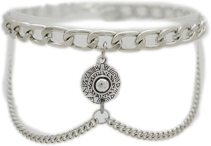 Womens Boot Chain Bracelet Silver Western Bling Anklet with Medallion Ethnic Coin Wave Charm Adjustable One Side Strap Festival Shoe Jewelry