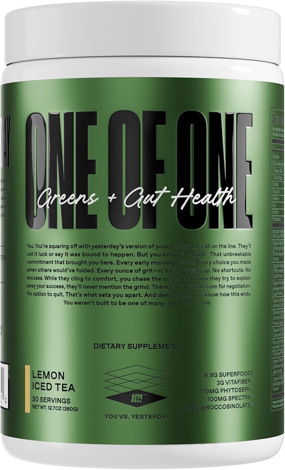 ONE OF ONE Greens & Gut Health Superfood Greens Powder with Prebiotics, Probiotics & Digestive Enzymes for Gut Health, Immunity & Energy, No Artificial Sweeteners - Lemon Iced Tea, 30 Serving