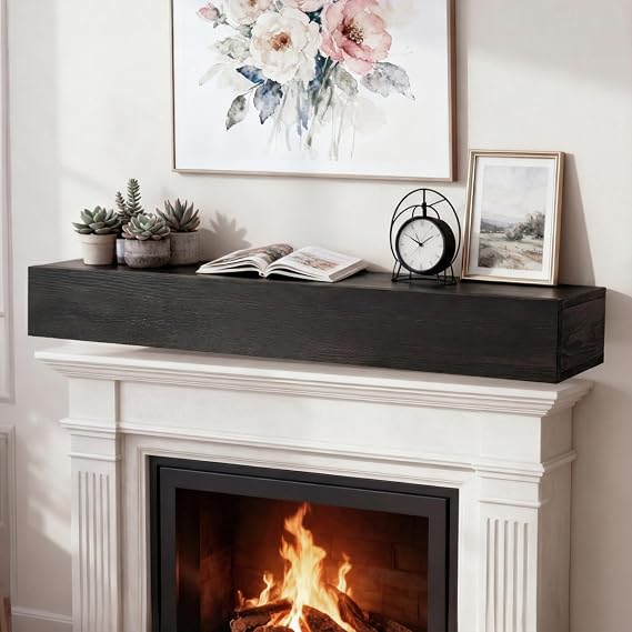 60" Fireplace Mantel Shelf, 6" Thick Rustic Solid Wood Floating Mantel Shelf Wall Mounted, Farmhouse Wooden Fireplace Mantel for Living Room Decor, Over Fireplace or TV, Black
