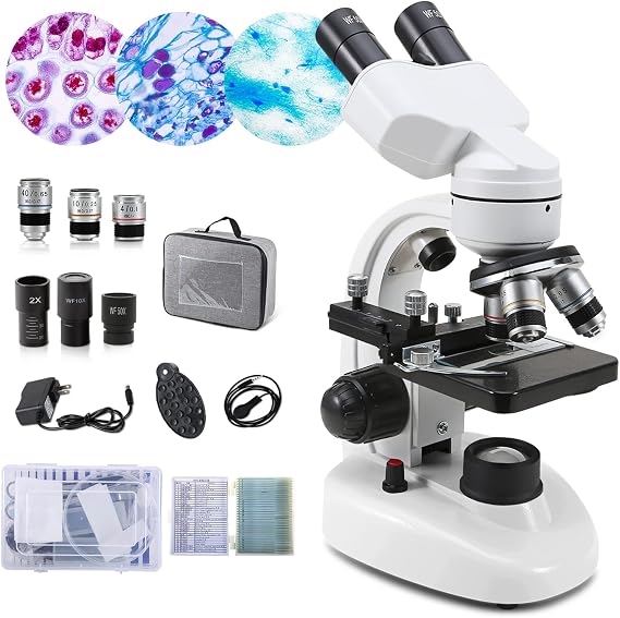 Compound Binocular Microscopes 40X-2000X with Microscope Prepared Slides 30p,for Kids Students Adults, Microscope Accessories, Wire Camera Shutter, for School Laboratory Home Education