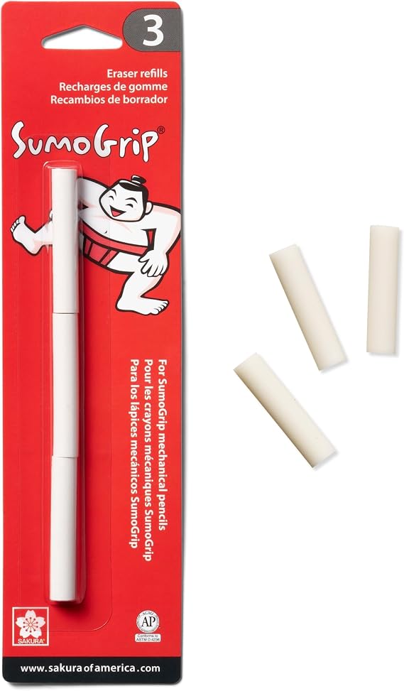 SAKURA 50250 SumoGrip Mechanical Pencil Eraser Refill, 3 / Pack - White | For 0.5 mm, 0.7 mm, and 0.9 mm Mechanical Pencils, Replacement Erasers for Clean and Precise Line Corrections