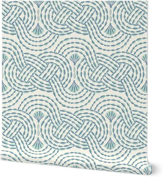 Spoonflower Nautical Rope Sea Pre-Pasted Removable Wallpaper | Roll 24" x 108" | Shells Blue Grey And Ivory Coastal Beach | Water-activated, simple to install and removable