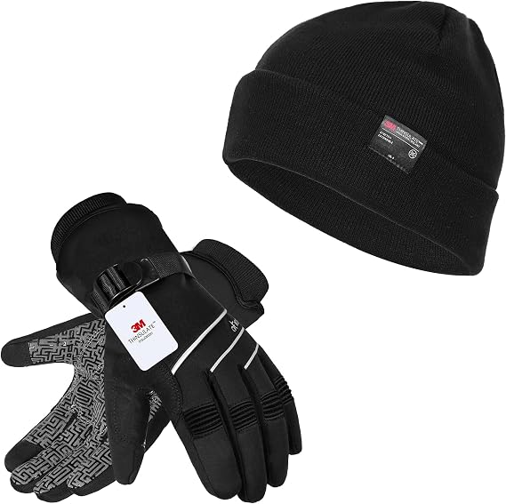 MOREOK 3M Thinsulate Winter Gloves MK020F One Pair (Black-Large 3M Thinsulate Winter Beanie Hats Unisex One Pack