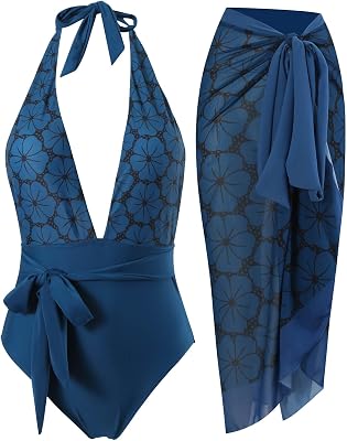 Swimsuit and Cover Up Set for Women Retro One Piece Swimwear Halter Deep V Neck Swim Bathing Suit Beach Swim Dress