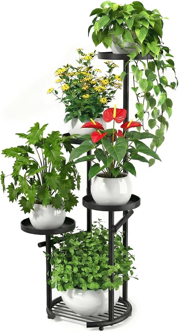 TOSKING 5 Tier Tall Plant Stand Indoor Outdoor, Heavy Duty Corner Plant Stand with Space-Saving Plant Shelf for Multiple Plants| Round Plant Table Design for Living Room Balcony Garden (Black, 37in)