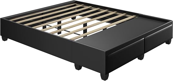 Parma Platform Bed with Two Storage Drawers Modern Design: Space Saving Storage No Box Spring Needed, Faux Leather, Black, Full