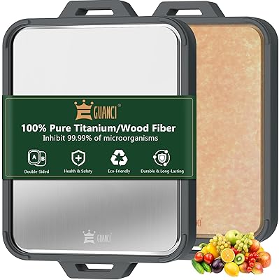 Titanium Cutting Board for Kitchen, Double Sided Pure Titanium and Wood Fiber Cutting Board with Juice Groove, Food Grade Material, for Chopping MeatVegetablesFruit Dishwasher Safe 1611