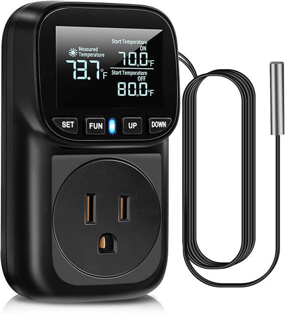 Diymore Digital Temperature Controller Outlet - 1800W Plug-in Thermostat with Heating & Cooling Modes,104F to 210F Range for Greenhouse, Reptile, Incubator & Pool