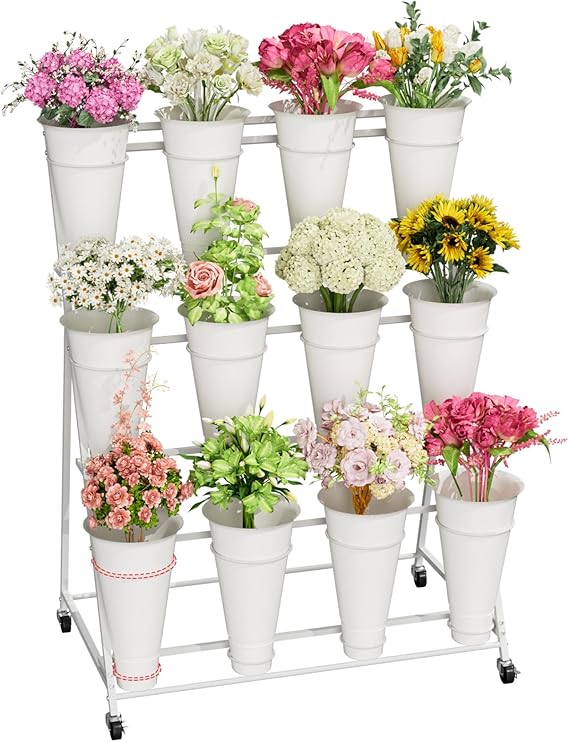 Flower Stand, 3 Tier Flower Display Stand with 12 Buckets, Upgrade Double Circle No Shaking, Outdoor Flower Cart with Wheels for Home, Patio, Garden, Shop, Wedding, Party, Exhibition, Indoor (White)