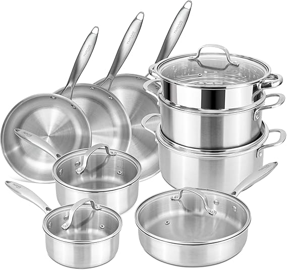 Stainless Steel Pots and Pans Set – 14pcs Cookware with Glass Lids – Induction Hob Pot Set – Cooking Saucepan Pots & Frying Pan Set – by Nuovva