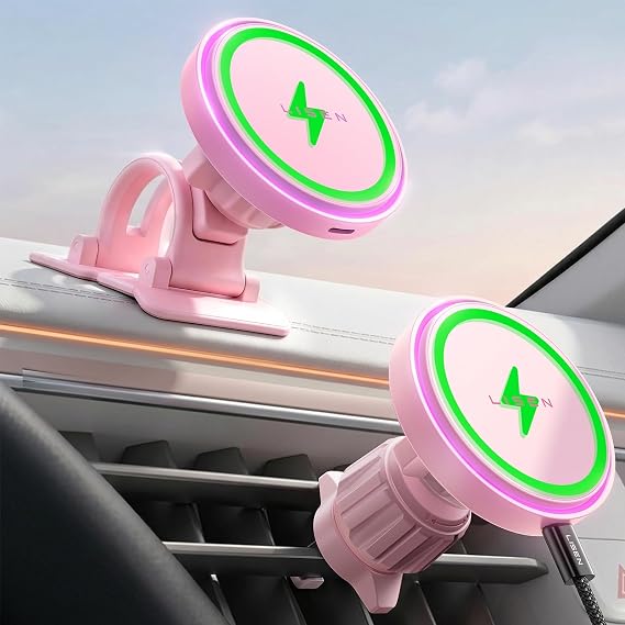 LISEN 15W MagSafe Car Mount Charger Phone 18,[Light Pink] Magnetic Wireless Car Charger, Dashboard & Air Vent Car Phone Holder Mount for iPhone 17-12, Samsung, Pixel, Cute Car Accessories for Women