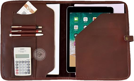 Premium Leather Executive Portfolio Business Portfolio Organizer Padfolio All-in-One Resume Folder iPad Tablet Sleeve Case Ideal Gift Portfolios for Men and Women 13x10in Brown