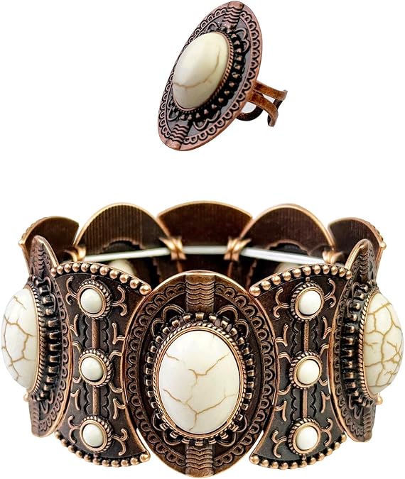 TOPACC Western Jewelry for Women Turquoise Bracelets with Ring Cowgirl Boho Jewelry Set