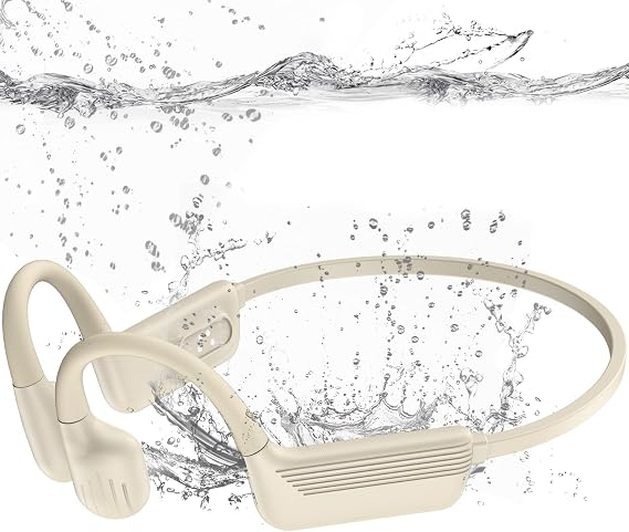 Swimming Headphones-Bone Conduction Headphones, IP68 Waterproof Open Earphones, LiteSurge Bluetooth 5.4 Underwater Sport Earbuds with 32 GB MP3 Memory for Swimming, Marathon-Beige