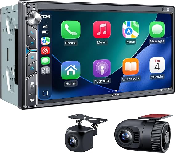 Double Din Car Stereo with Dash Cam, Wireless Apple CarPlay & Android Auto, 240W 4.2CHN, 7" Touchscreen, SWC, Bluetooth, FM/AM Car Radio, 2 Subwoofers Outputs, Backup Camera