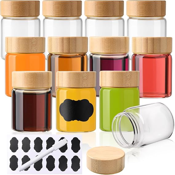 YBCPACK 12 Pack 2oz/60ml Mini Glass Shot Bottles with Bamboo Lids-Reusable | Wellness Shots Bottles with Label, Pen, Clear Small Glass Jars for Juice, Ginger(Dishwasher Safe & Leak Proof)