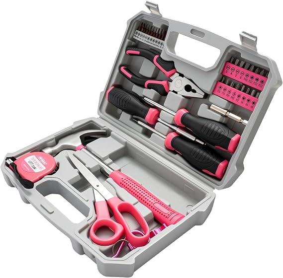 42PCS Household Hand Tools Kit, Pink Hand Tools Kit for Women, DIY Hand Tool Toolbox Set with Storage Case Including Daily Repair Small Tool for Repairs Home Maintenance,Portable Tool Kit