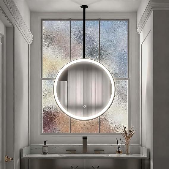 Metal Pole Ceiling Suspended Mirror, Black/White/Gold Metal Frame Circle Mirrors, Decorative Wall Mirror for Bathroom, Vanity, Living Room, Bedroom(Black,Diameter-50CM/19.7INCH)