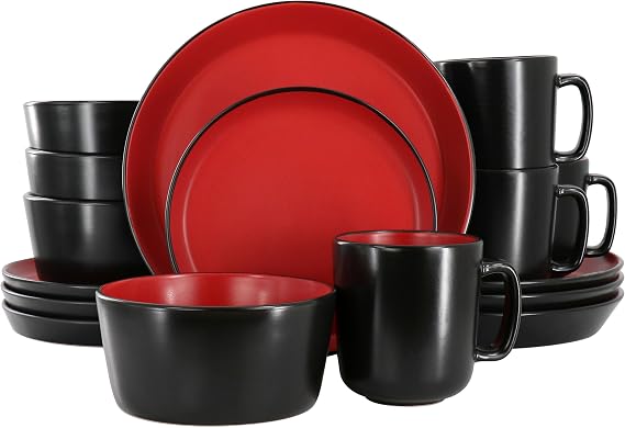 Elama Bacarra 16 Piece Stoneware Dinnerware Set in Two Tone Black and Red