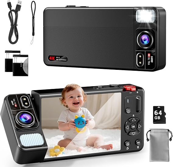 Digital Camera, 4K 64MP Cameras for Photography, 270Flip Screen Vlogging Camera, Autofocus, Flash, 18X Zoom, 2 Batteries, 64GB Card, Point and Shoot Digital Cameras for Kids Teens, Black