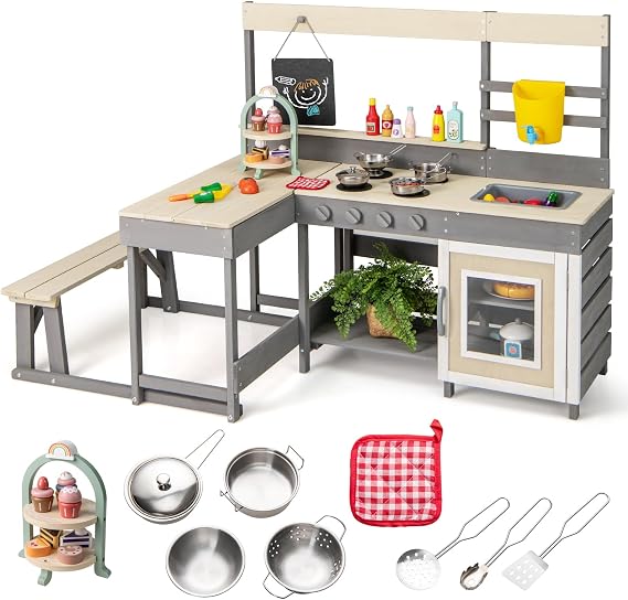 INFANS Mud Kitchen, Outdoor Play Kitchen with Faucet Chalkboard Stoves Removable Sink Cooking Accessories Wooden Kids Kitchen Playset Backyard Garden Toys Gift for Boys Girls Ages 3+