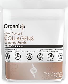 Organixx Clean Sourced Collagen Peptides Powder with Vitamin C, Types I, II, III, V, X Hydrolyzed Collagen, Hair, Nail, Skin, Bone &amp;amp; Joint Health, Aging Support, Gluten Free, Unflavored, 30 Servings