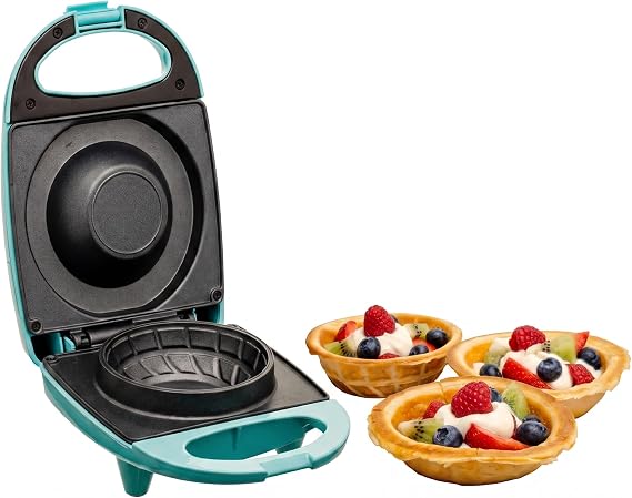 OVENTE Electric Waffle Bowl Maker, 520W Power, Turquoise WMB2405BL | Non-Stick Coating, Indicator Light and Cool Touch Handle, Perfect for Homemade Ice Cream Cups & Delicious Desserts