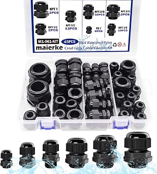 45PCS Cord Grip Cable Glands Kit,Cable Gland Waterproof Adjustable 1/4 3/8 1/2 3/4 1 NPT with PG7 Nylon Strain Relief Cord Connectors Black With Gaskets