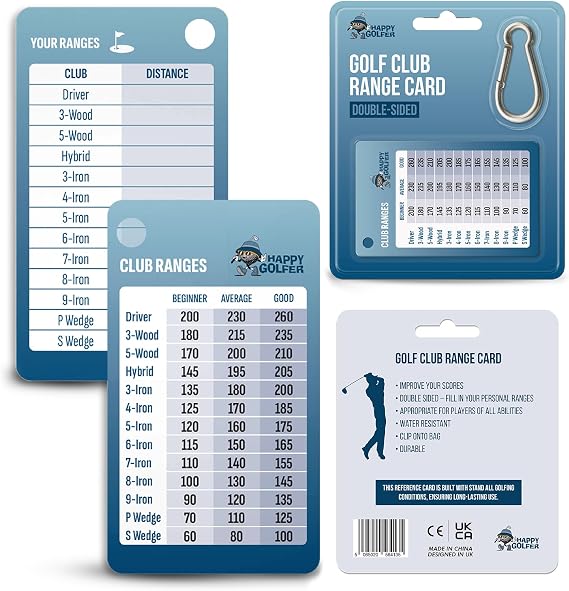 Happy Golfer Golf Club Range Card | Perfect Golf Gift for Men & Women | Double-Sided Distance Guide | Personalise Your Own Yardages | Essential Golf Accessory