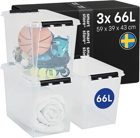 SmartStore - 3x Plastic Storage Box with Lid Classic 66L (59x39x43cm) |Plastic Storage Drawers with Lid|Food-Safe Material|Kitchen & Organisation|Durable Container for Home & Office|