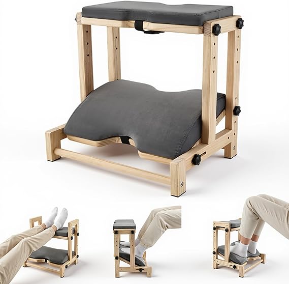 Adjustable Double Step Footrest, Foot Rest Under Desk at Work, Wooden Foot Stool for Under Desk with 4 Heights & Angles, Ergonomic Footstool with Cushion for Home, Office, Gaming, Study