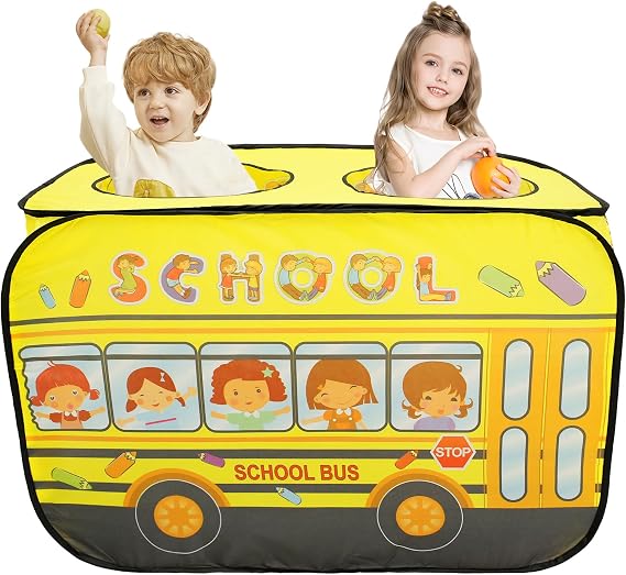 Kids Pop Up Play Tent for Boys and Girls, Waterproof Polyester Children Play Tent, 112x75x70cm Folding Indoor Outdoor Toddler Playhouse Tent School Bus/Police Car Style for Kids Aged 1-3 Years Old