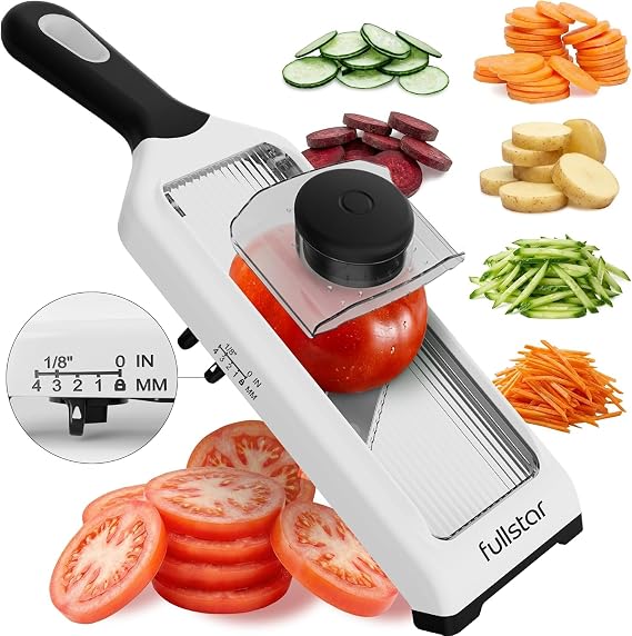Fullstar Handheld - 2-in-1 Mandoline Vegetable Slicer & Julienne Cutter | 4 Thickness Settings - Sharp Stainless Steel Blades - Easy & Safe to Use with Finger Guard (2-in-1, White)