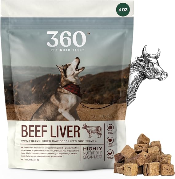 360 Pet Nutrition Freeze-Dried Raw Beef Liver Dog Treats Single Ingredient, High Protein, Grain-Free, All-Natural Training Snacks, Made in USA, 4 oz