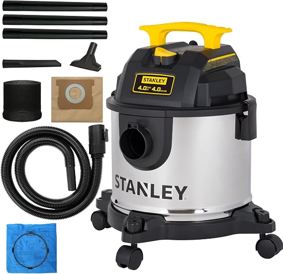 STANLEY 4 Gallon Wet Dry Vacuum, 4 Peak HP Stainless Steel 3 in 1 Shop Vacuum Blower with Powerful Suction, Vacuum for Job Site, Garage, Basement,