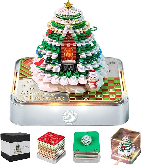 Time Piece Calendar, 3D Calendar 2027 Desk Calendar with Lights, Christmas Tree 3D Memo Pad Tear Away Paper Sculpture Art Pad Calendar, 3D Art Calendar