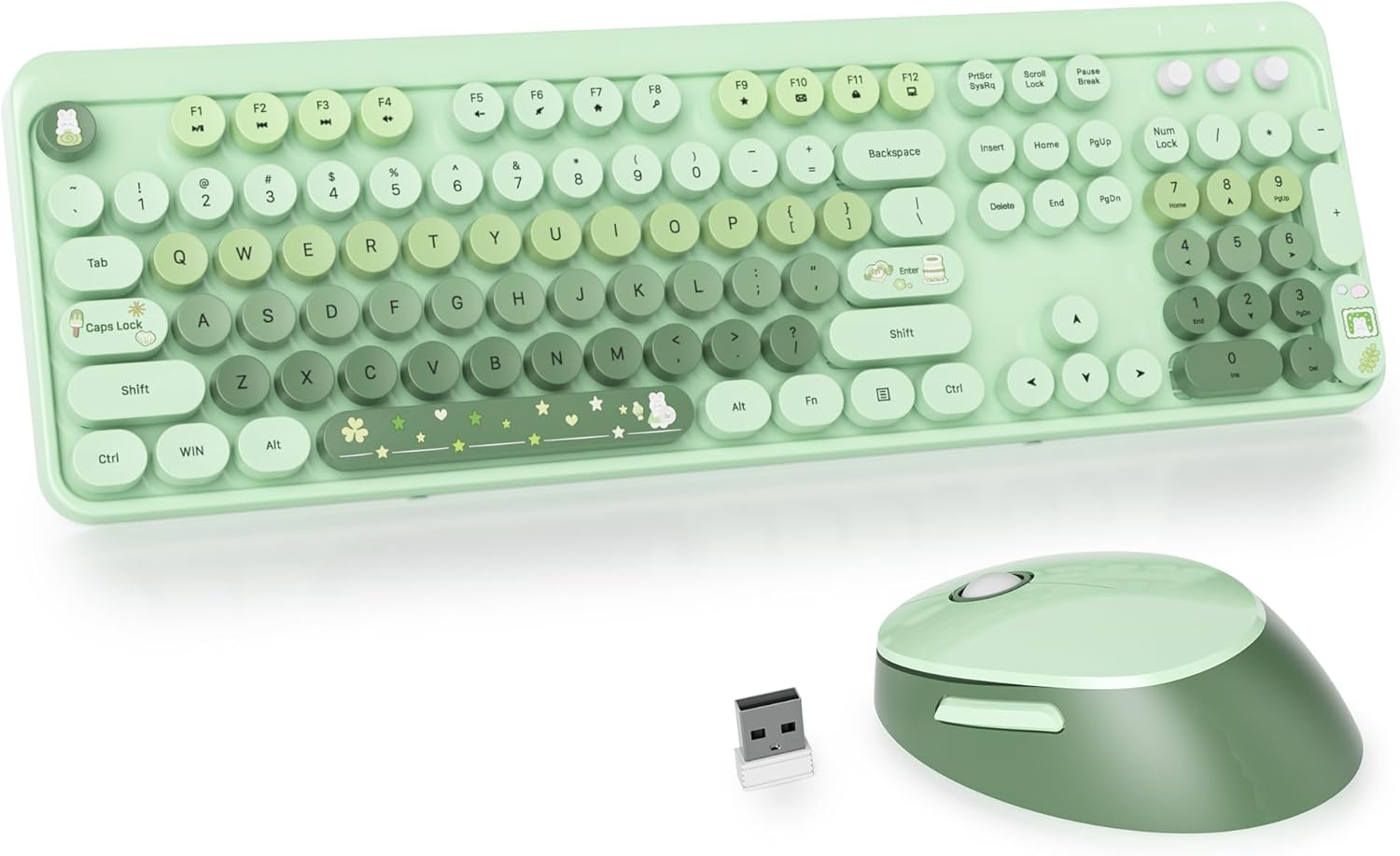 SOLIDEE Wireless Keyboard and Mouse Combo,Retro Typewriter Keyboard,2.4GHz Colorful Round Keycap Computer Keyboard with Number Pad,104 Keys Full Size Ergonomic KeyboardUS Layout QWERTYMixed Green