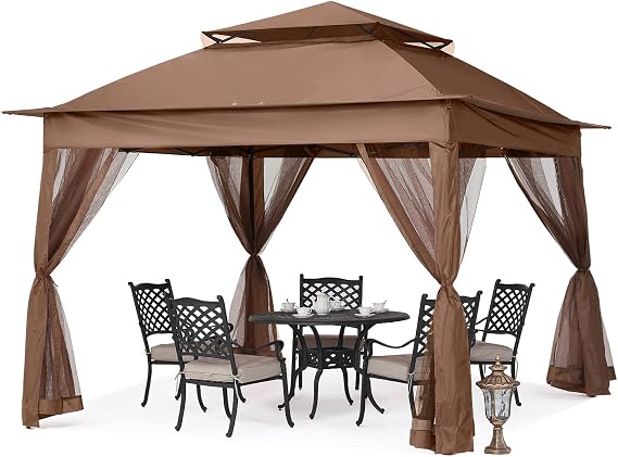 MASTERCANOPY 11x11 ft Pop Up Gazebo with Netting Screen Walls, Brown