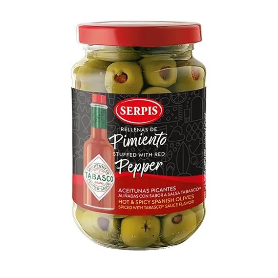 Tabasco Stuffed Spanish Olives 7.05 oz (200g) 6-Pack Spicy Green Olives with Tabasco Sauce by Serpis Imported from Spain