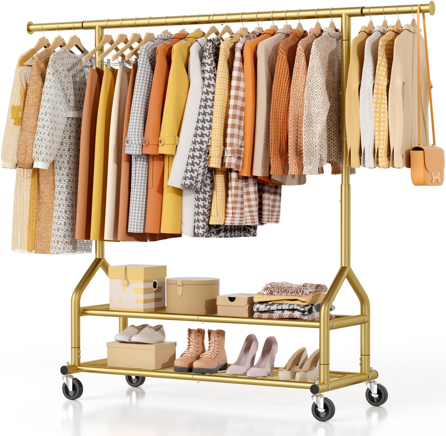 EAGMAK Heavy Duty Clothes Rack Load 556 LBS, Rolling Clothing Rack With Shelves, Height Adjustable Metal Clothes Hanger with Wheels Portable Wardrobe Organizer Garment Rod for Hanging Clothes Gold
